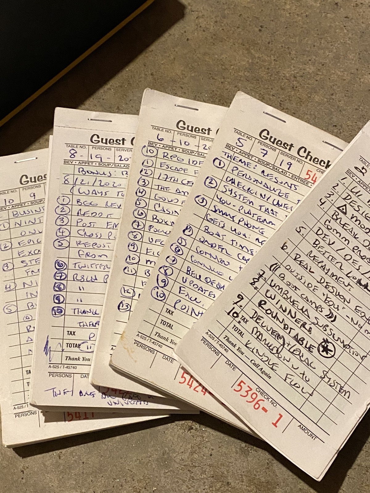 Handwritten '10 ideas a day' lists on guest check pads — the habit that sparked Legacy of the Cage